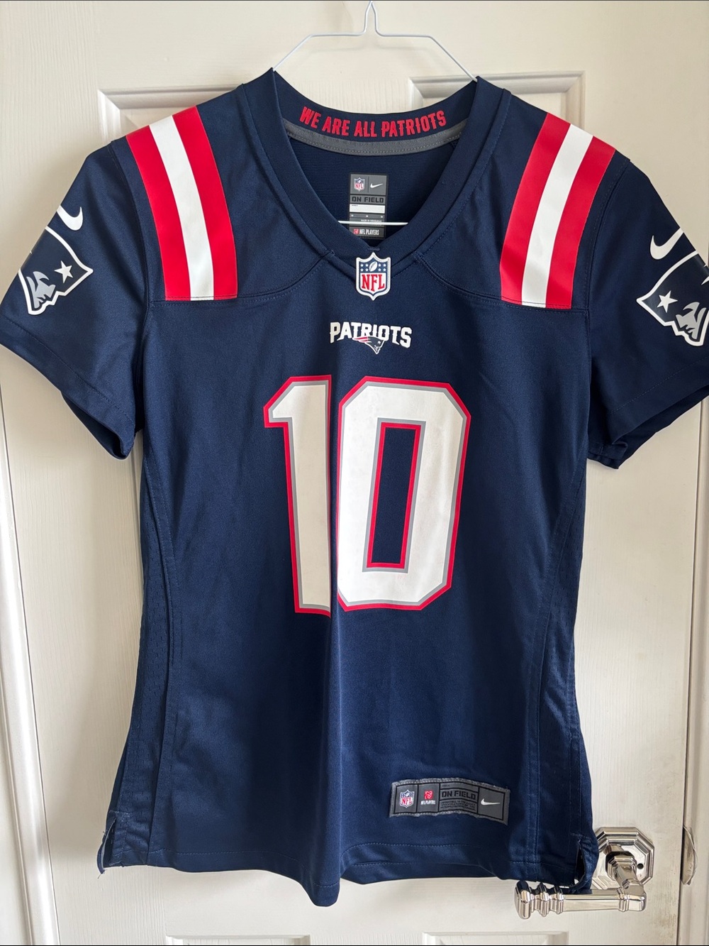 Nike Women's Patriots Mac Jones #10 Navy Jersey with White and Red Accents